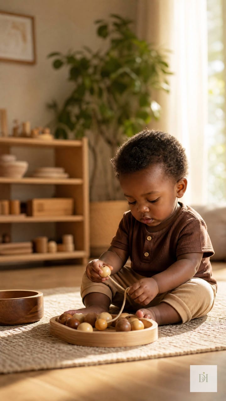 A toddler sitting on a rug, stringing wooden beads on a cord